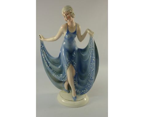 1930s Hertwig & Co. Katzhutte Art Deco model of a dancer on an oval cushion base, green printed mark and B73, 32cm