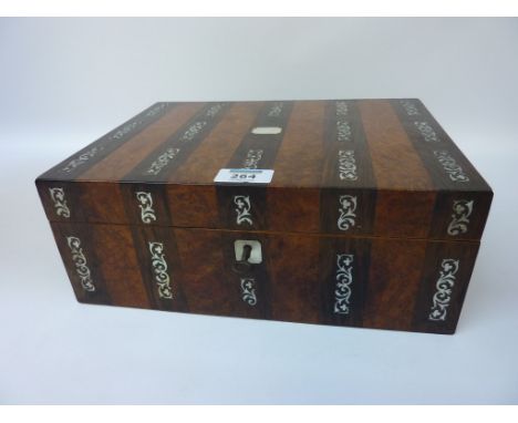 Victorian rosewood sewing box with amboyna and mother of pearl inlay, and fitted interior L30.5cm