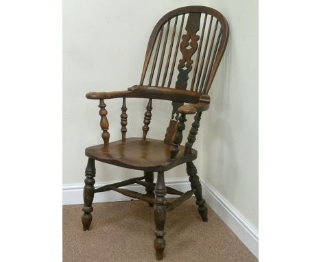 Mid 19th century elm and ash double bow and splat back Windsor captains arm chair with double H-shaped stretcher 