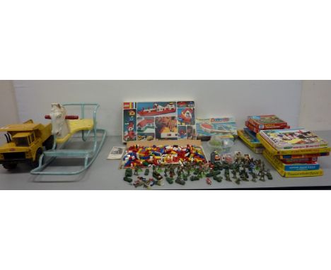 Vintage toys - Tonka 'Mighty Dump' truck, 1960s child's rocker, jigsaw puzzles, box of lego, marbles, toy soldiers, model veh