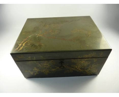 Chinese lacquered tea caddy, Qing dynasty, 19th century, brass swing handles, double internal compartment with engraved metal
