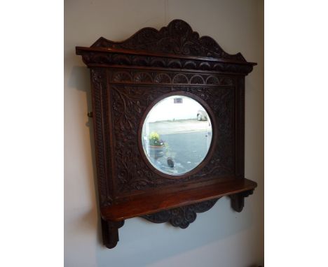 Victorian carved oak hall mirror with shelf H90cm