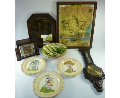 Vintage (c.1950) Whitby map H55.5cm, Smiths Art Deco period mantel clock, barometer, wall mirror, set of six Royal Worcester 