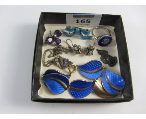 Charles Horner brooch hallmarked silver, pendant necklace stamped AHB 800, millefiori glass set ring, blue leaf enamel bracel