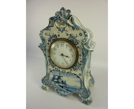 Early 20th century Royal Bonn 'Delft' mantle clock 28cm