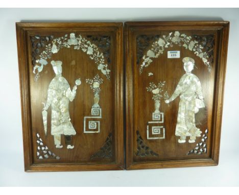 Pair early 20th century Chinese rosewood panels inlaid with mother of pearl, depicting figures with vases flowers H47cm