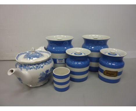 Two pairs of T.G.Green Cornishware storage canisters and one other item, and a blue and white teapot (6)