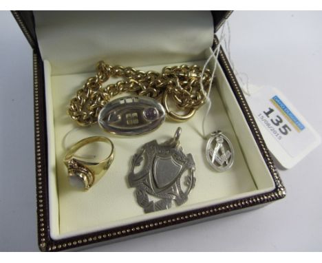 Mackintosh type brooch stamped 925, opal ring, Edwardian silver medal and a Masonic pendant etc in one box