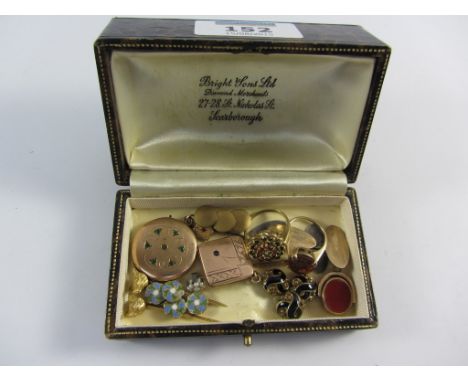 Victorian swivel fob, stick pins, lockets, citrine set ring hallmarked 9ct, vintage shirt studs etc