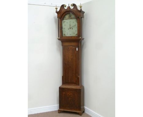 Early 19th century oak and mahogany banded longcase clock with inlaid detail, painted enamel farming scene dial with 30 hour 