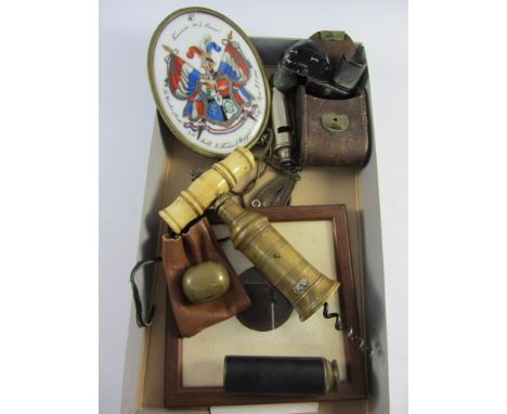 Bavarian ceramic coat of arms dated 1885, 19th century brass and bone corkscrew, brass weight, Zeiss periscope, Victory of th