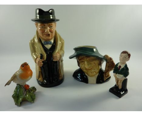 Royal Doulton 'Winston Churchill' character jug, Old Court Ware jug 'Rat Catcher', Royal Doulton figure 'Oliver Twist' and a 
