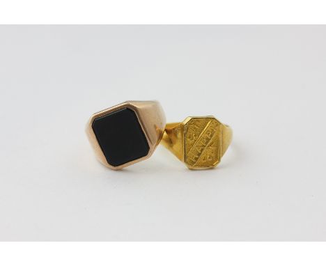 A 9ct gold and black onyx signet ring and a Chinese gold ring, 14.6g gross