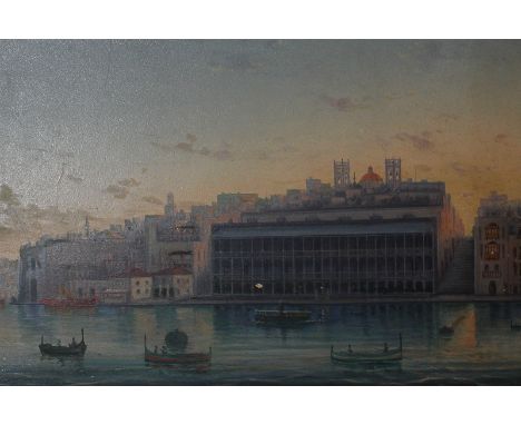 G. Galia (Maltese), harbour-side scene in evening light, Malta, oil on board, indistinctly signed, inscribed label verso, 31c