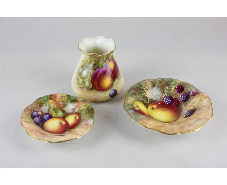 Three pieces of Royal Worcester porcelain all hand painted with designs of fruit, each piece signed Freeman or Moseley