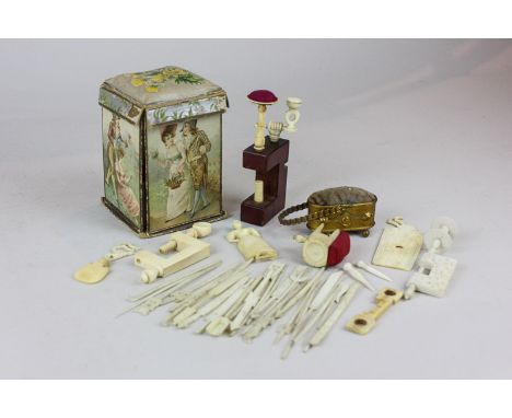 A Victorian sewing box with pin cushion top, another pin cushion, various 19th century ivory and bone sewing and embroidery t