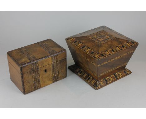 An inlaid walnut money box of square sarcophagus form, with Tunbridgeware ware panel, 18cm and an inlaid walnut tea caddy wit