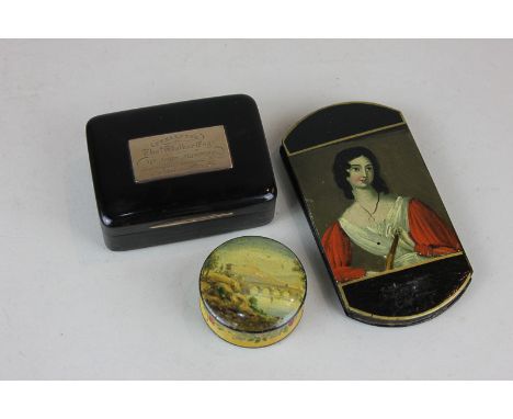 A Victorian papier mache card holder, decorated with a painting of a lady with dark hair in a white dress with red sleeves, a