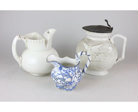 A Royal Worcester porcelain jug, 17cm high, an Aesthetic stoneware jug with pewter mount and cover, and another Victorian mil