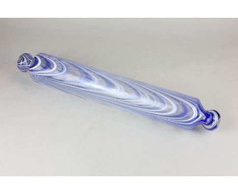 A 19th century glass rolling pin with blue and white line decoration 43cm