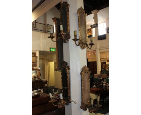 Two pairs of gilt wood and gesso two-light girondelle wall lights, rectangular form, with scroll borders, 50cm high