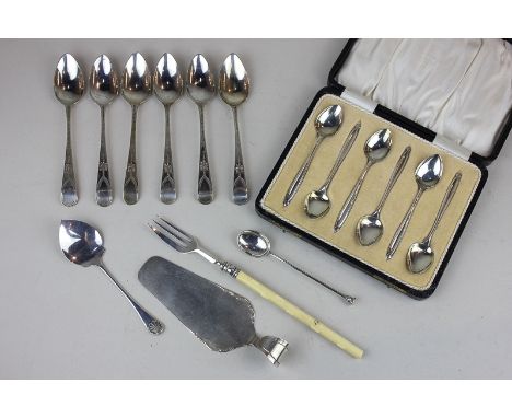 A George V cased set of six silver coffee spoons, a set of six George III teaspoons, a silver caddy spoon, a silver coffee sp