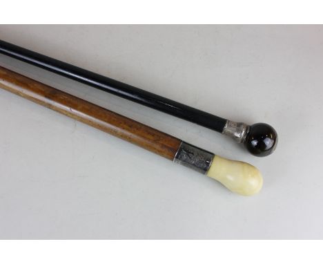 A Victorian silver mounted ivory topped walking stick, together with a silver mounted, agate topped ebonised cane