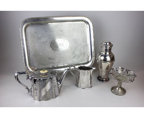 A silver plated cocktail shaker, a Victorian silver plated teapot, a cream jug, a bonbon dish and a rectangular tray with eng