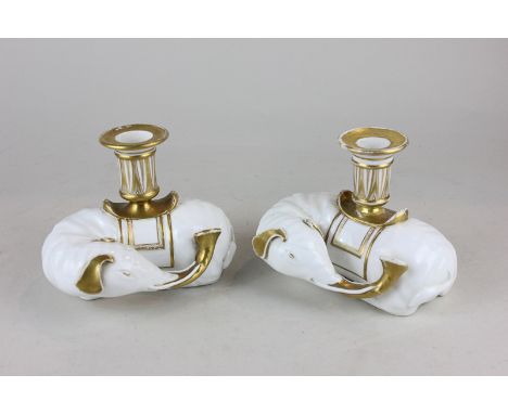 A pair of 18th century Spode porcelain candlesticks modelled as elephants with gilt embellishment 11cm (a/f)