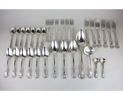 A George IV and later silver part matched Kings pattern canteen comprising a serving spoon, ladle, mustard spoon, three table