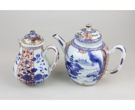 An oriental blue and white porcelain teapot, and similar jug, with gilt and red overlaid decoration, teapot 13cm high