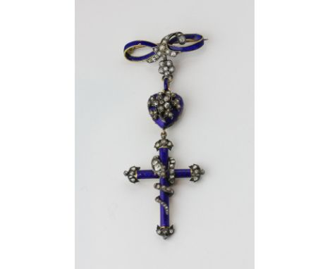 A 19th century diamond and blue enamel brooch composed of a cross pendant with entwined snake, the terminals each set with a 