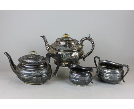 A three piece silver plated tea set marked venture to base, together with a Victorian silver plated teapot with embossed deco