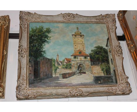 Vitorius continental view of a town gate tower, reverse inscribed 'Gothenburg' oil on canvas, signed. 49cm by 60cm
