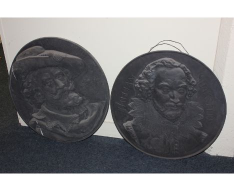 A cast iron circular portrait wall plaque of William Shakespeare 55cm and another of Peter Paul Rubens 58cm (NC)