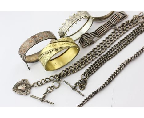 A silver gilt bangle; three silver bangles; a silver bracelet and three silver watch chains