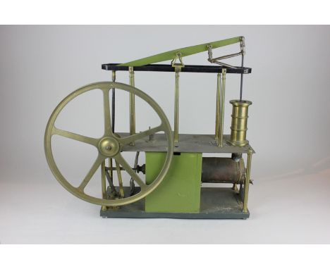 A brass scratch built  table top model of a steam engine, with beam and wheel, 48cm