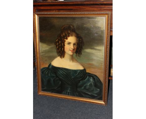 19th century English school, portrait of a lady in dark green dress with her hair in ringlets, oil on canvas, reverse with la