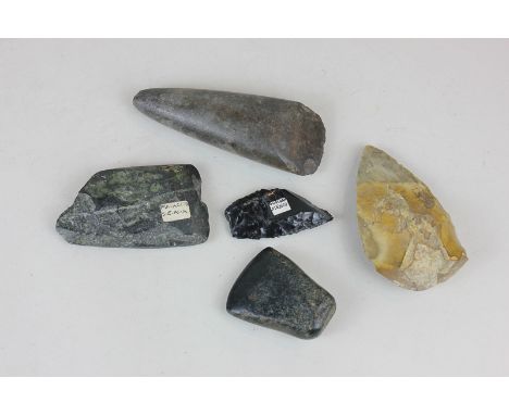Five various flint axe heads one marked Mayan jade, another obsidian Mexico and malachite S.E. Asia