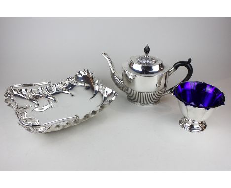 A Mappin & Webb silver plated teapot, a silver plated cake basket and pedestal bowl with blue glass liner