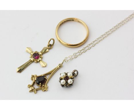 A garnet pendant on a trace link chain, a gem set cross in 9ct gold, a seed pearl pendant and a 15ct wedding ring, 2.4g