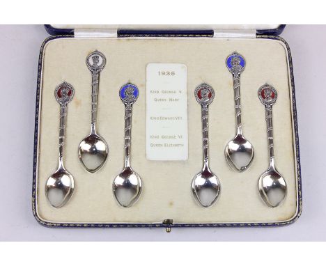 A cased set of six Edward VIII silver teaspoons, to commemorate King George V and Queen Mary, King Edward VIII and King Georg