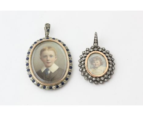 A diamond set portrait miniature pendant set with two rows of small old cut diamonds in silver on gold, and a silver and past