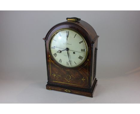 A Regency mahogany walnut mantle clock, with 21cm circular dial inscribed Wm. Platt, London, in brass inlaid dome case with c