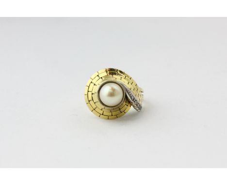 A pearl and diamond dress ring, the single bead on a ribbon of five single cut diamonds in 18ct gold brick work surround