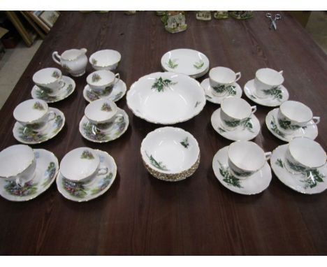 Staffordshire bone china part tea set and fruit set decorated with Lilley of the valley pattern on bright white china- good c