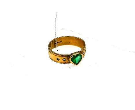 9ct gold dress ring with heart shaped emerald and two diamonds on each shoulder (total approx diamond weight 0.03cts) size U