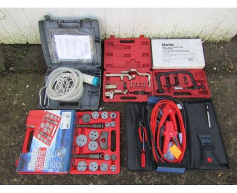 Car maintenance tool sets to include Clarke heavy duty valve spring compressor, submersible transfer pump and 18 piece brake 