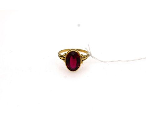 Gold (no hallmark but tested) dress ring with large red oval paste stone size U