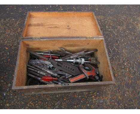 Wooden toolbox with tools including clamps and spanners&nbsp;